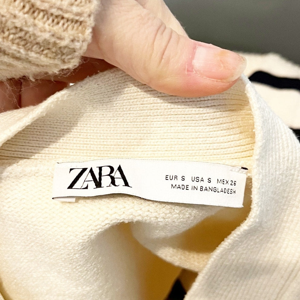 Zara Striped Long Sleeve V-Neck Button Front Cardigan Sweater Cream Navy Small