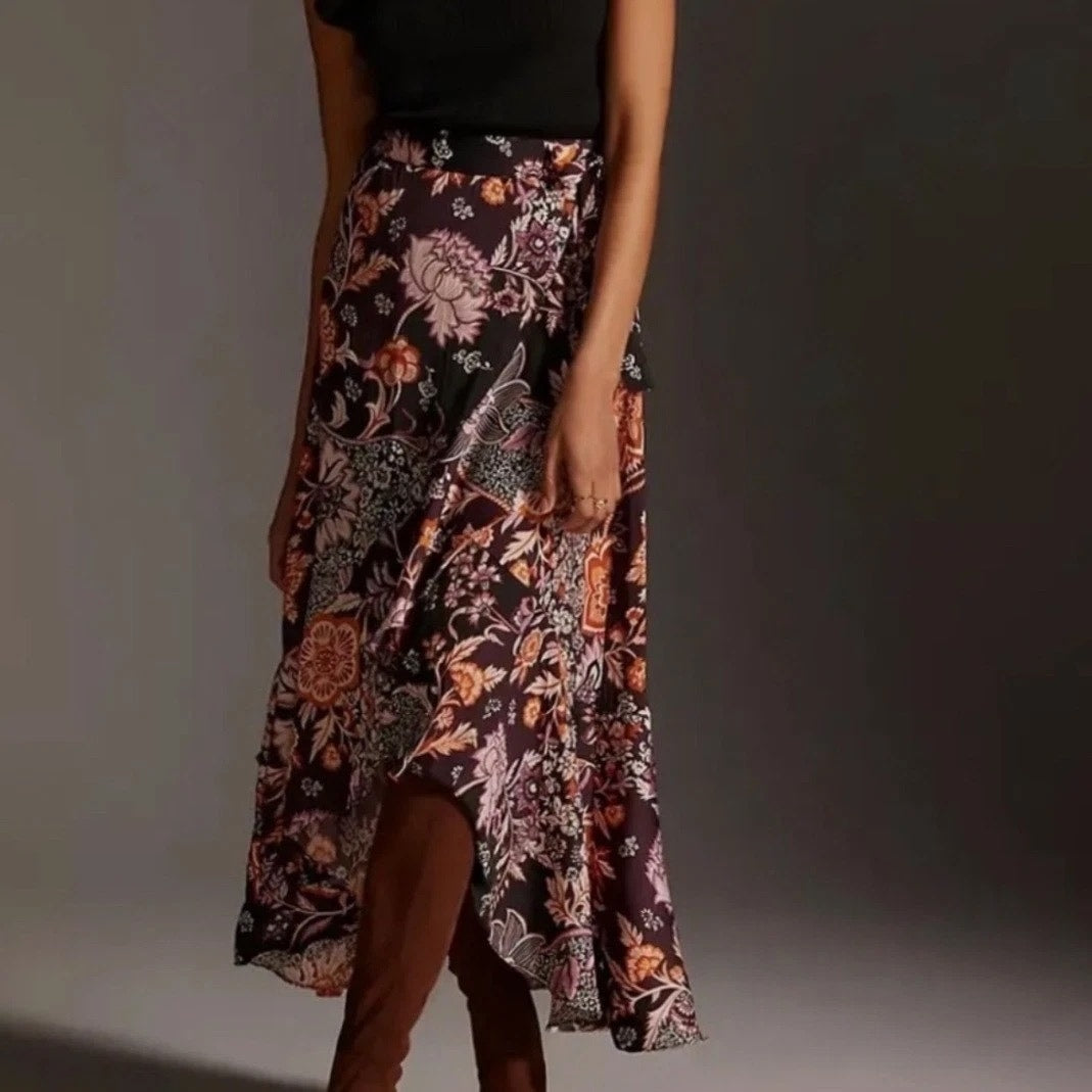 Maeve Anthropologie Wrap Side Tie Ruffle Hem Satin Floral Midi Skirt Purple XS