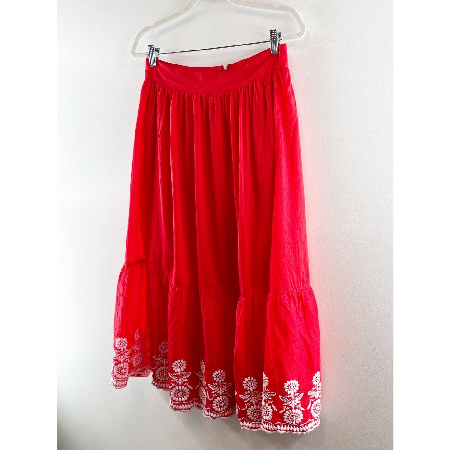 Ann Taylor Embroidered Hem Cotton Midi Peasant Skirt Red 6 Petite