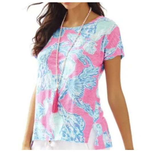 Lilly Pulitzer Mikela Short Sleeve Linen Printed Tee Shirt Top Blue Pink Medium