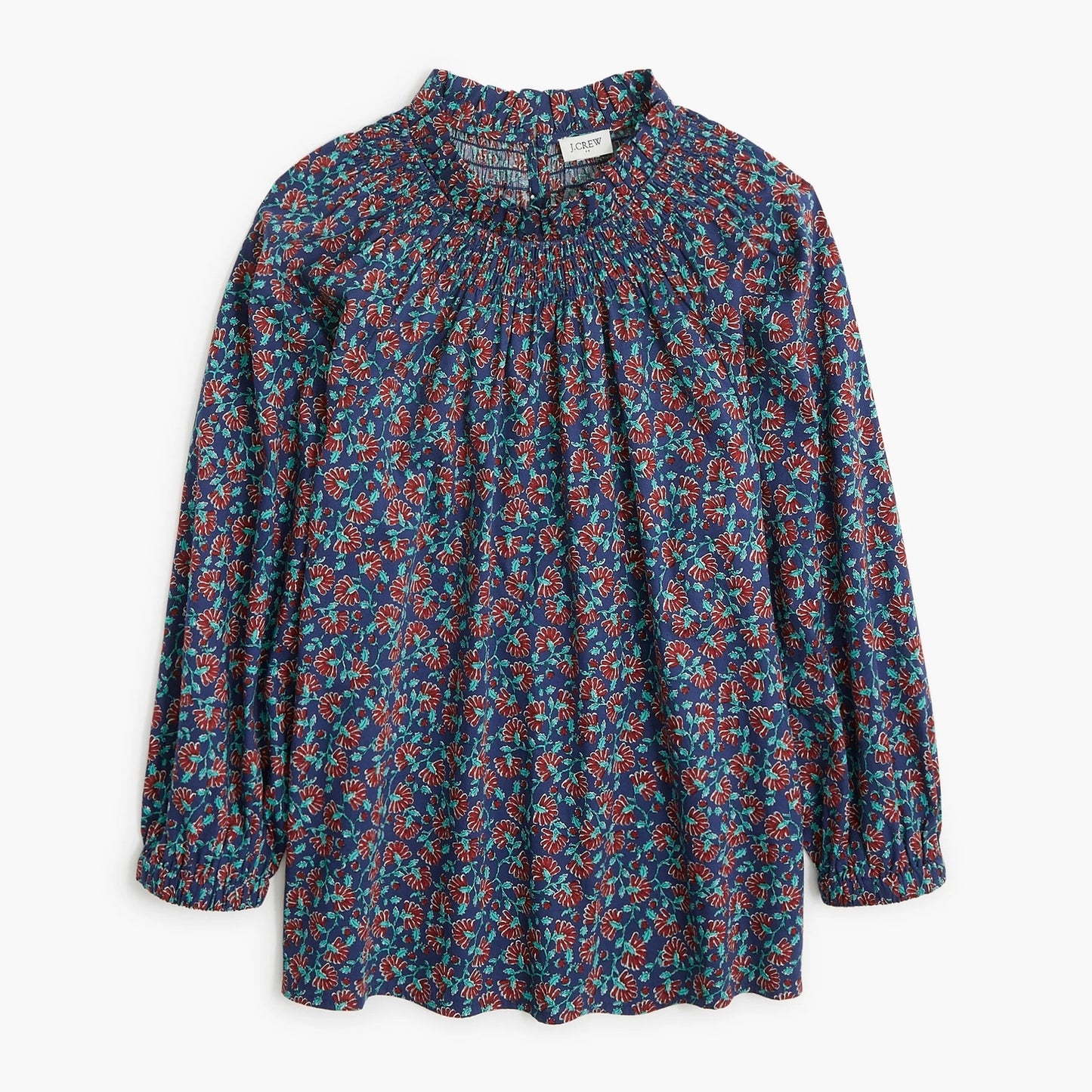 J. Crew Smocked Neck Long Sleeve Floral Blouse Top Blue Purple Small