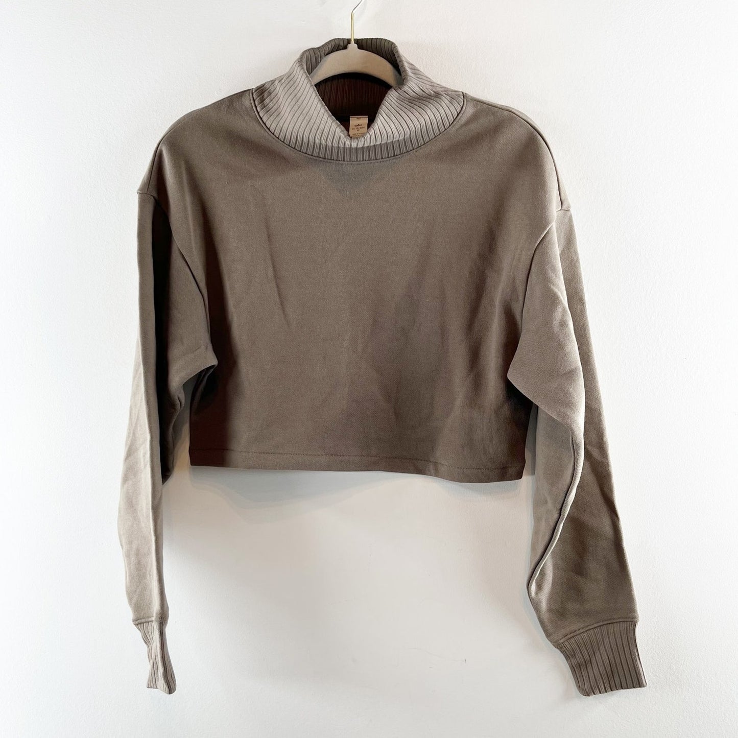 Alo Yoga Cropped Serenity Rib Mock Neck Boxy Coverup Sweatshirt Taupe XS