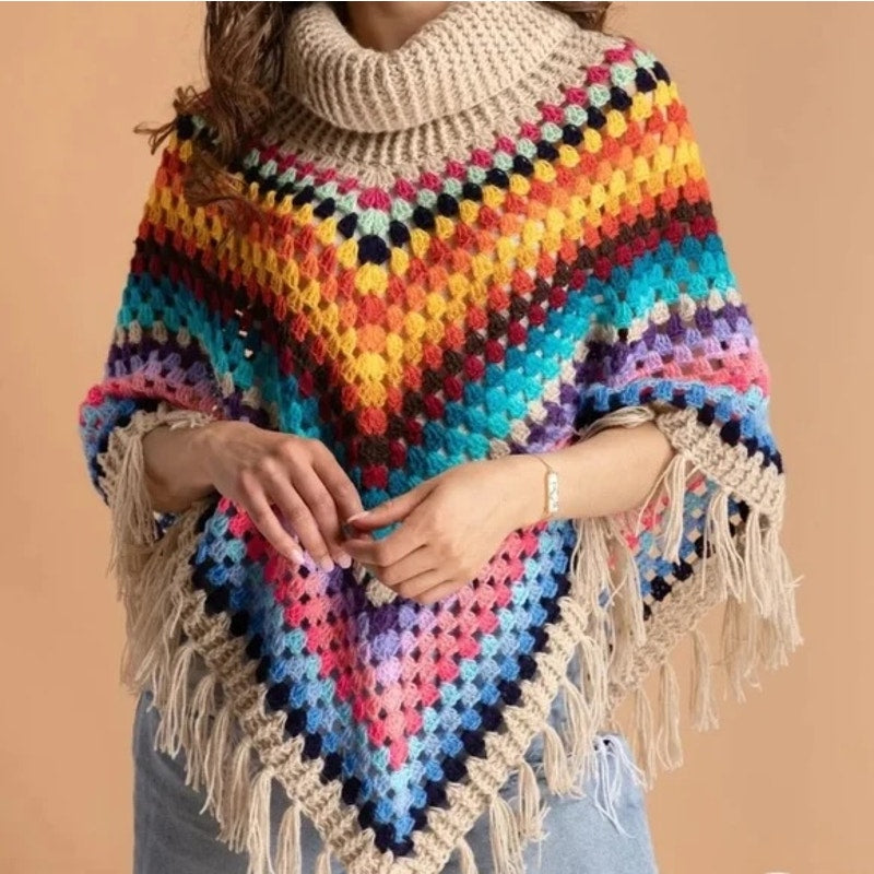 Saachi Earth to Sky Crochet Knit Poncho Rainbow Tassel Fringe Tan One Size