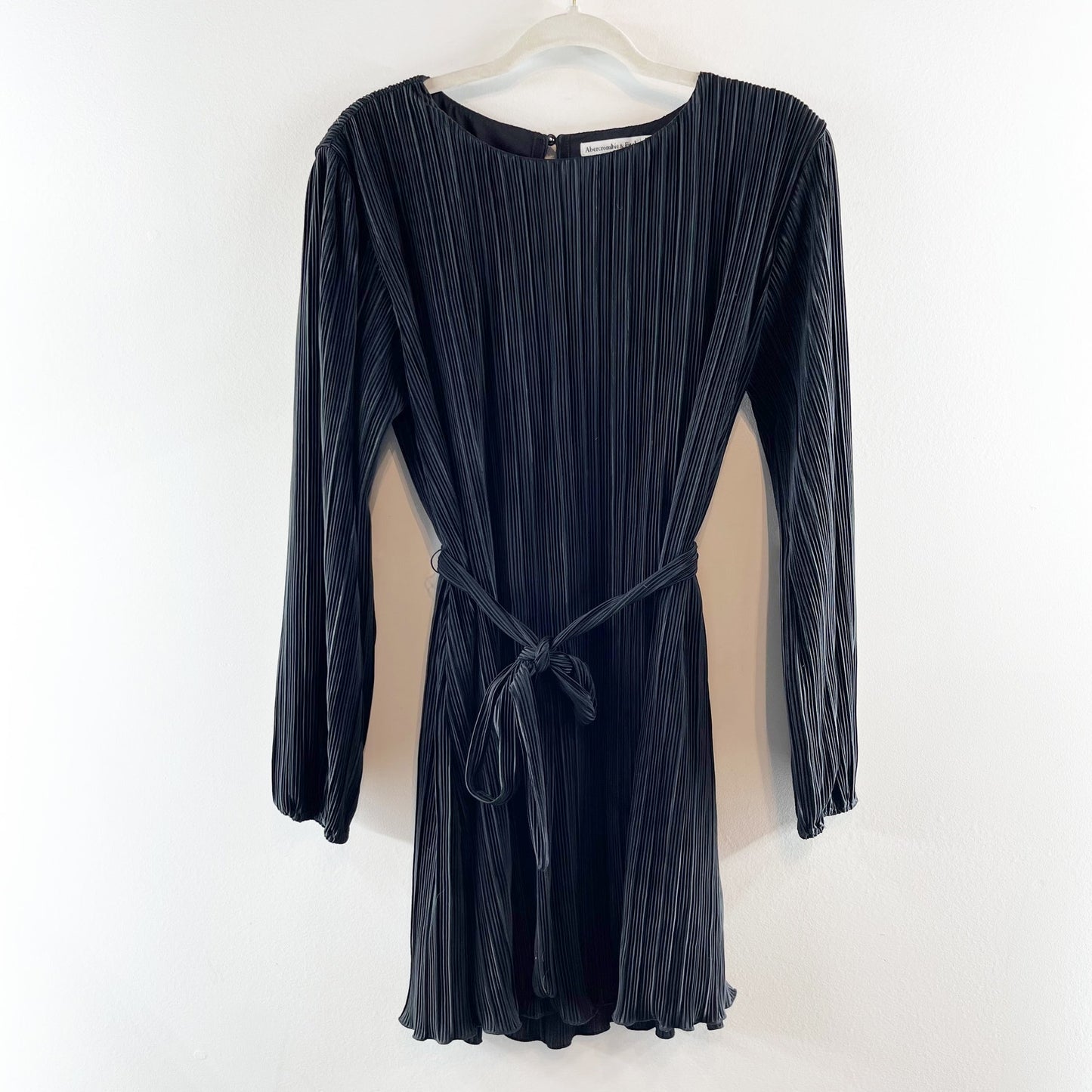 Abercrombie Satin Long Sleeve Plisse Belted Mini Dress Black Medium