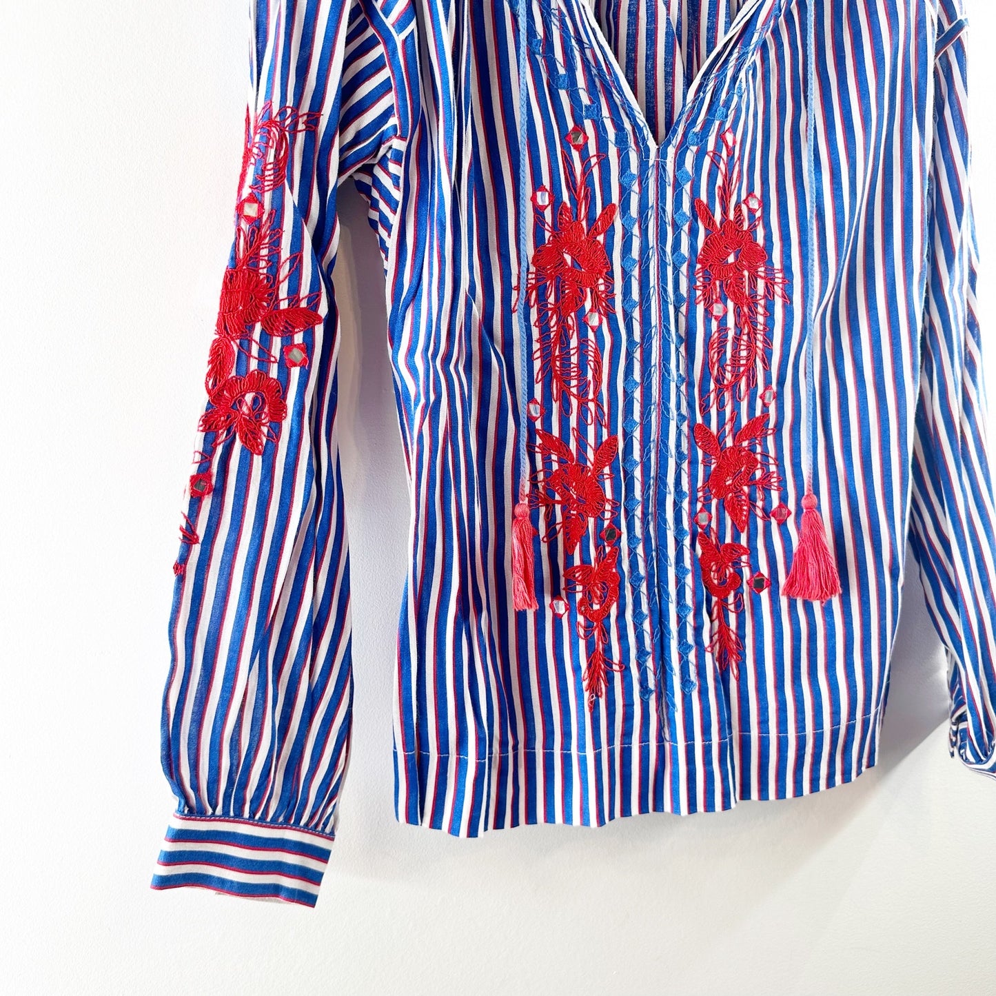 Anthropologie Ranna Gill Striped Long Sleeve Embroidered Peasant Blouse Blue S