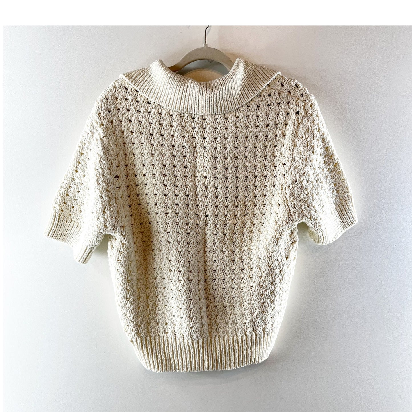 A.L.C Archer Short Sleeve Collared Pointelle-Knit Cotton Polo Top Cream Large