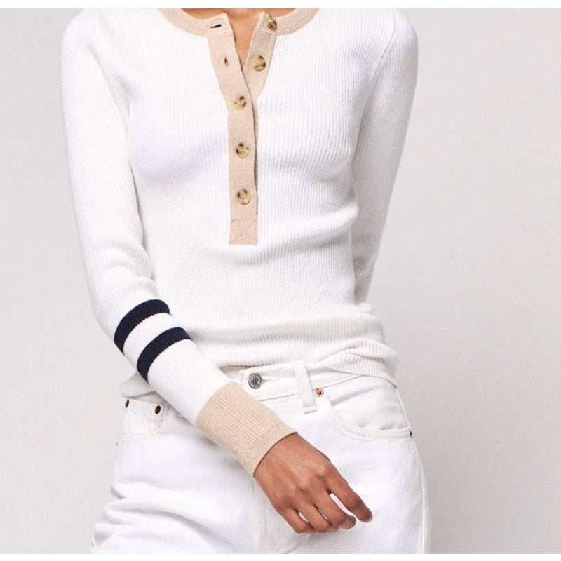 Faherty Mikki Ribbed Long Sleeve Henley Sweater Top White Cream Small
