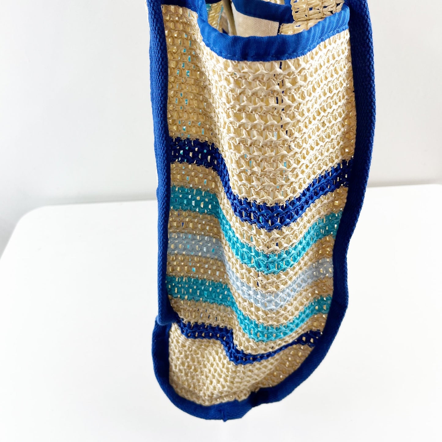 Styline Crochet Striped Beach Tote Bag Tan Blue