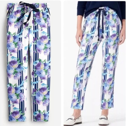 J. Crew Floral Stripe High Waisted Drapey Pull-On Straight Pants White Blue 8