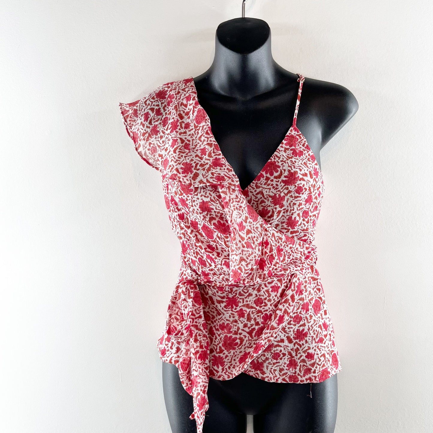 MISA Floral Print Plunging Neck Asymmetrical Ruffle Wrap Tie Tank Blouse Red XS