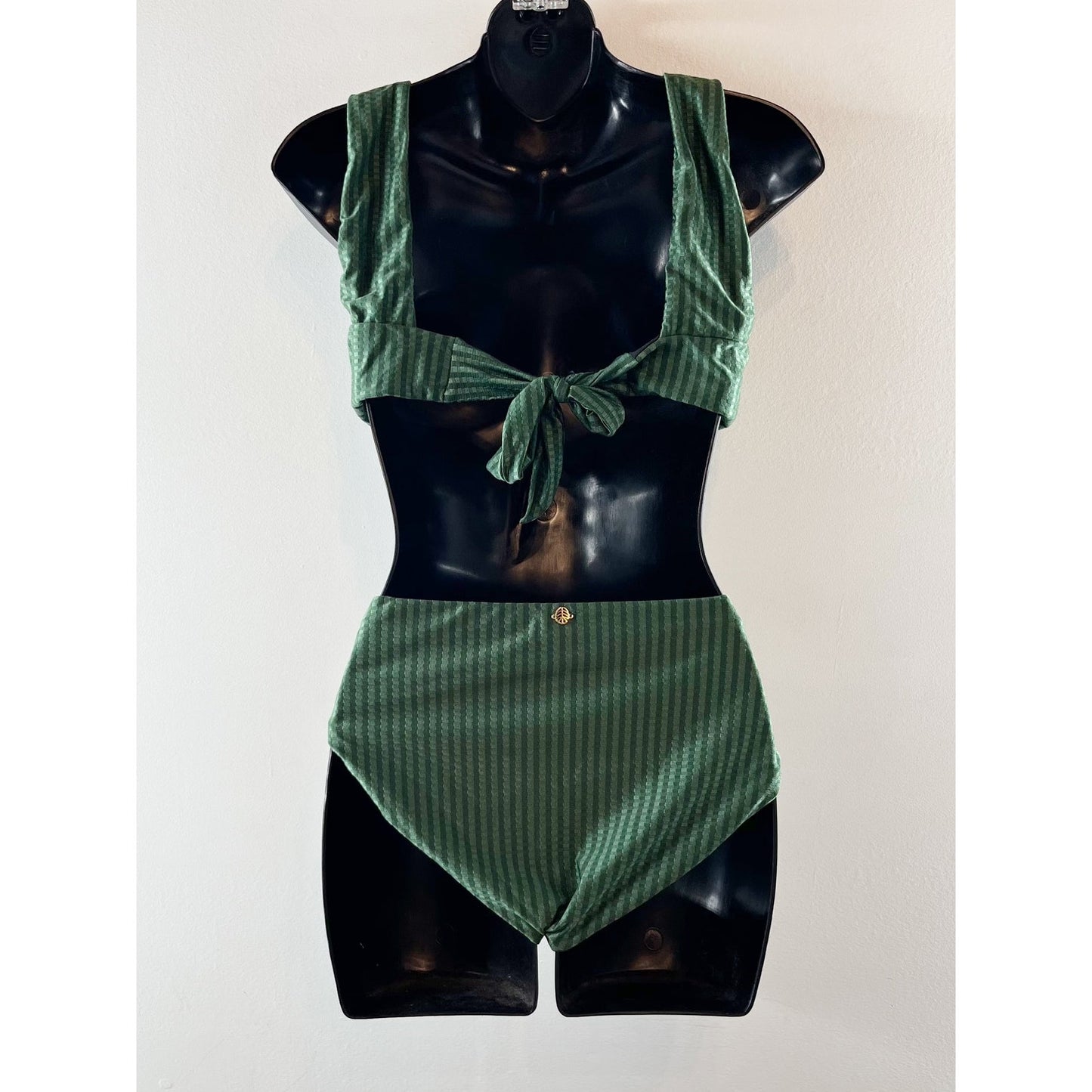 Estivo Striped Twist Front Bikini Top & High Waisted Bikini Bottom Set Green M