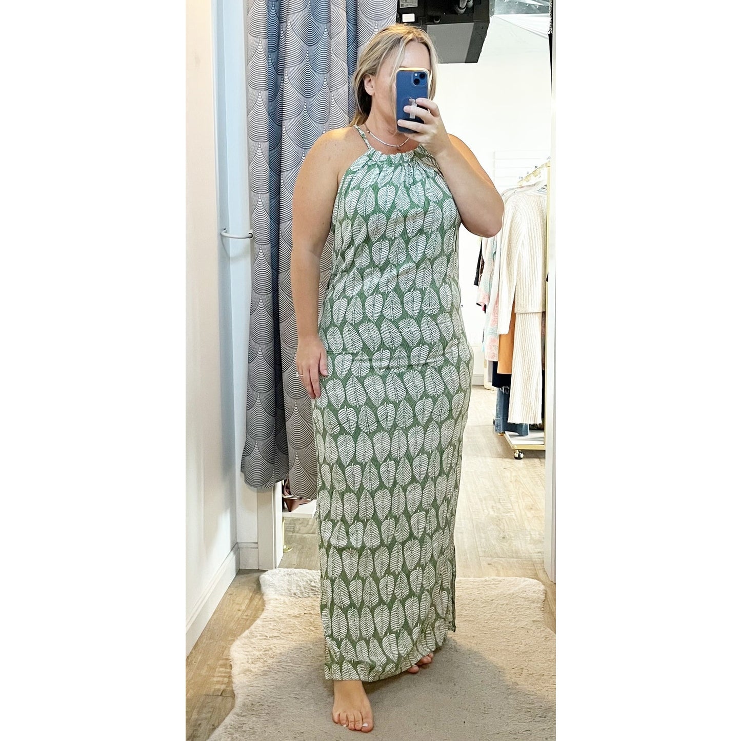 Tybee Island Leaf Print Sleeveless Halter Neck Maxi Sundress Green White Medium