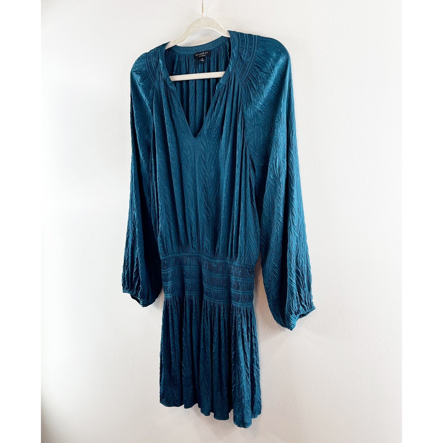 Current Air Long Sleeve Smocked Waist V Neck Satin Mini Dress Teal Medium