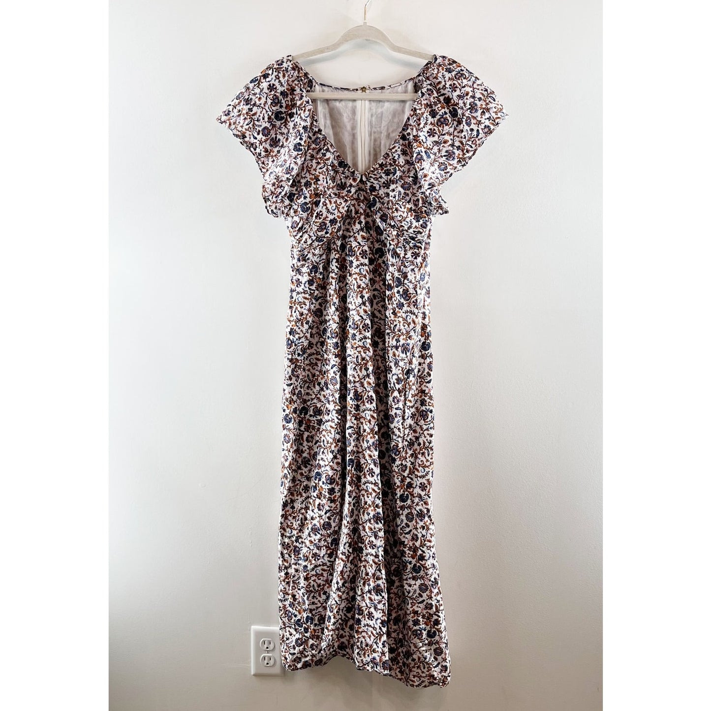 Cleobella Briar Ankle Floral Maxi Short Ruffle Flutter Sleeve Dress Maroon M