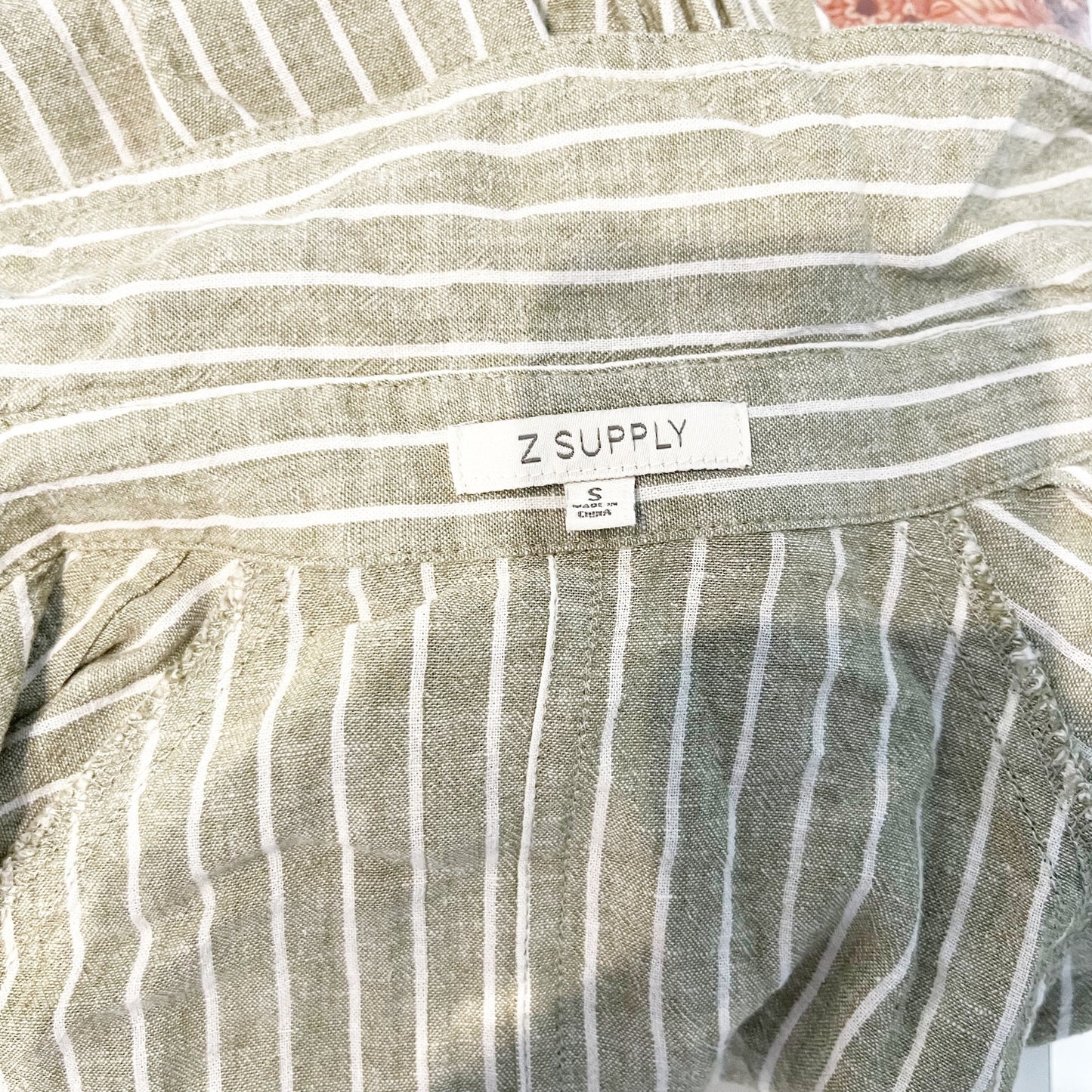 Z Supply The Perfect Linen Stripe Button-Up Shirt Top Meadow Green Small