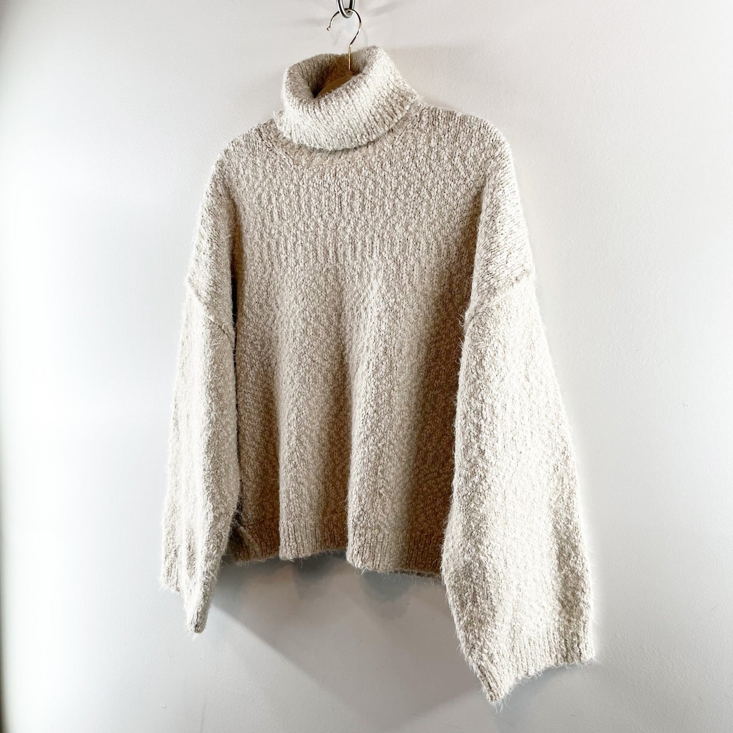 Topshop Dropped Shoulder Knit Fluffy Turtleneck Pullover Sweater Oat Small