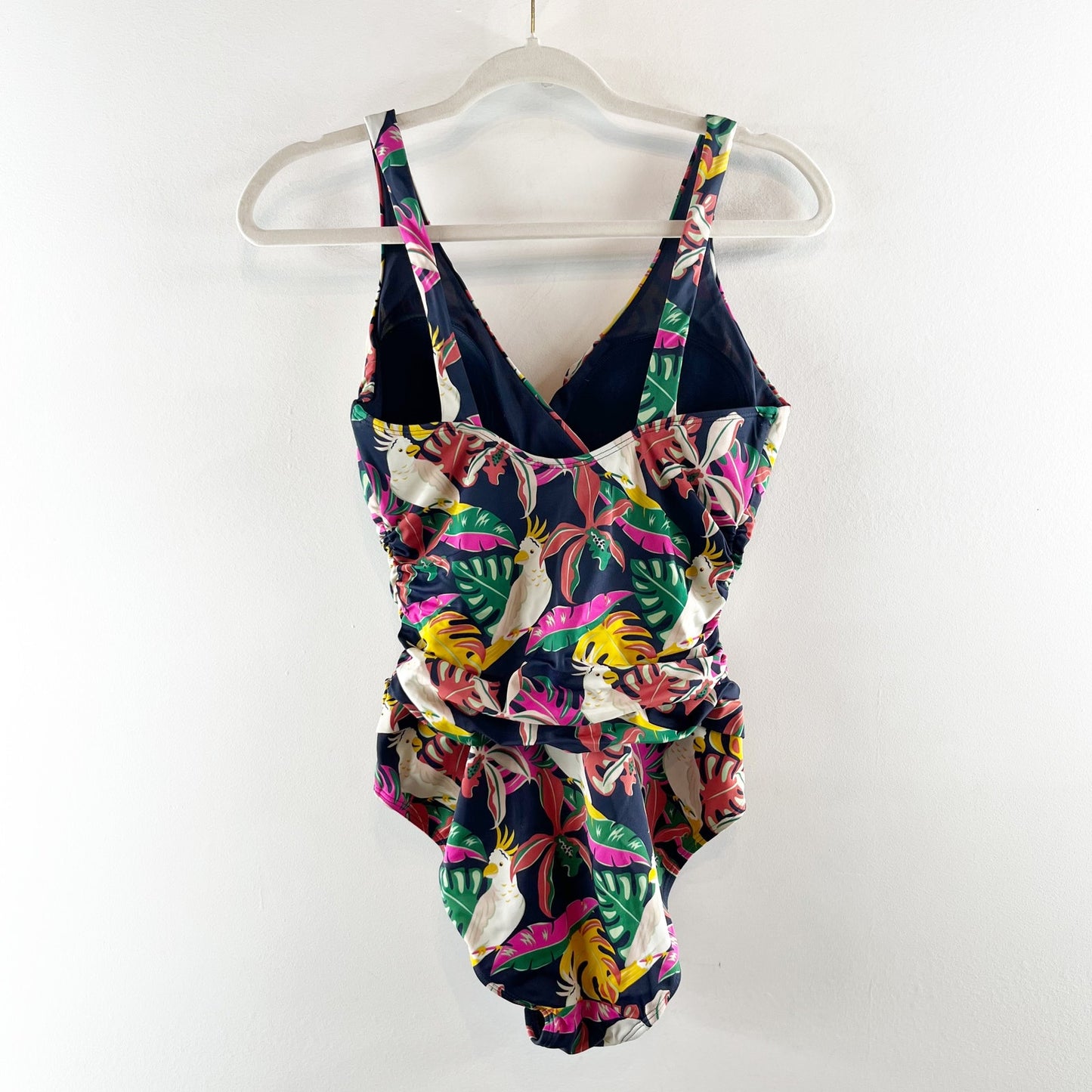 Floral Tropical Parrot V Neck One Piece Ruched Bathing Suit Navy Blue Pink 6