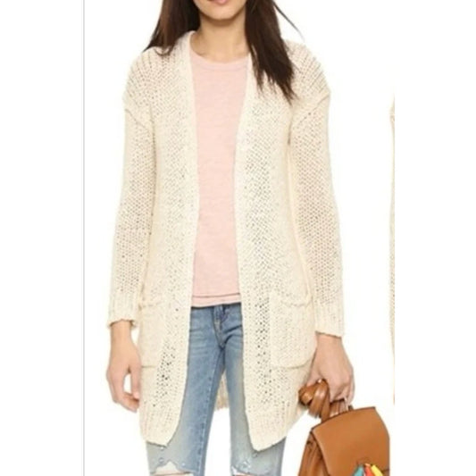 Free People Crochet Knit Open Cardigan Sweater Duster Cream Tan Small