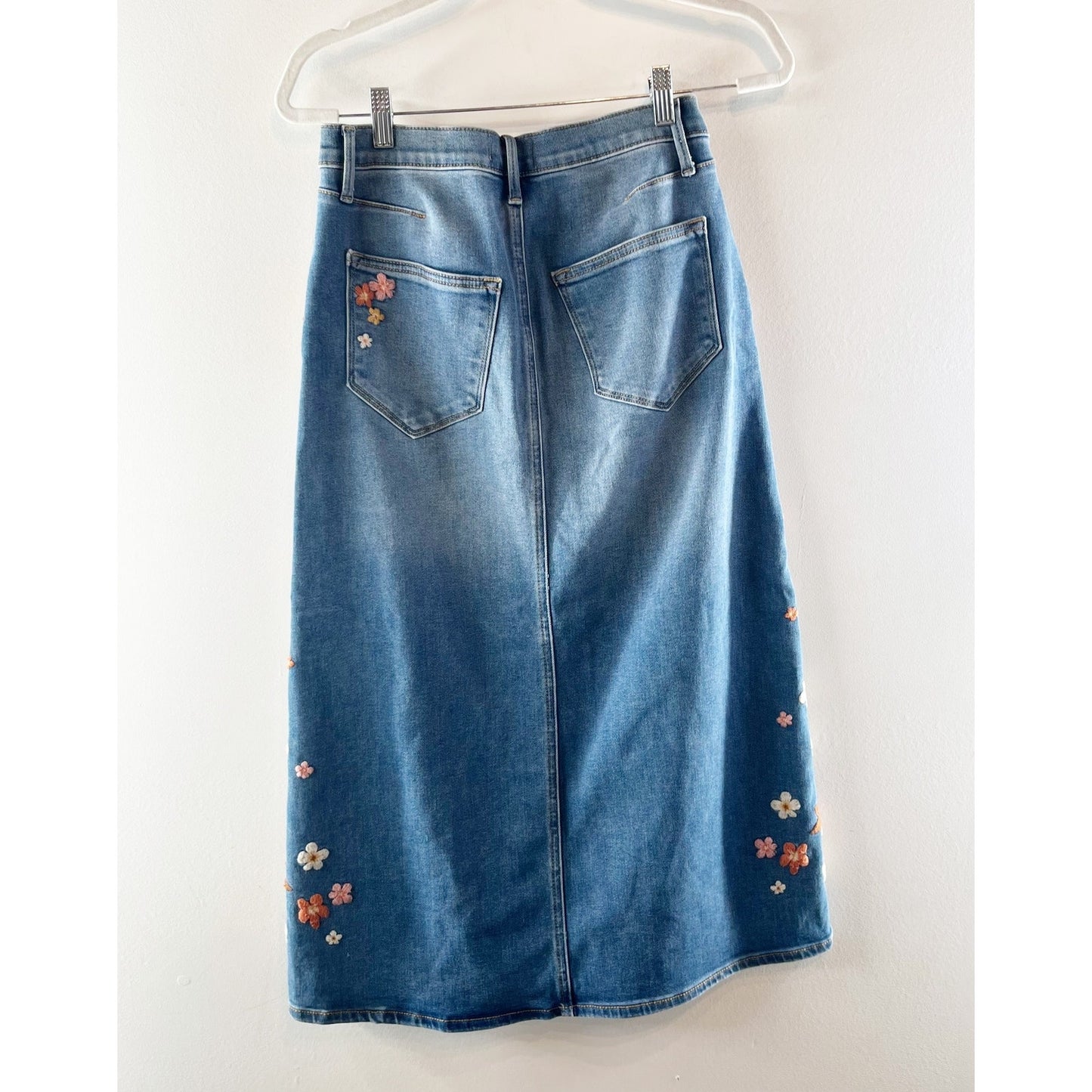 Driftwood Piper Embroidered Floral Midi Denim Skirt with Front Slit Blue 26