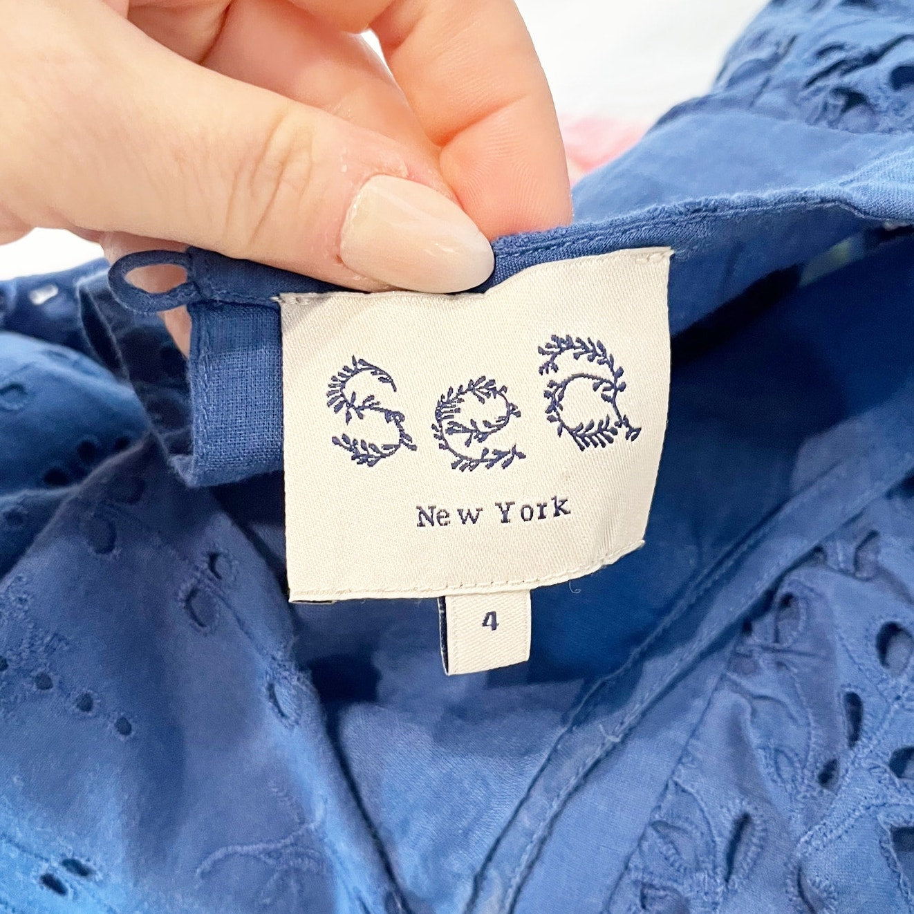 Sea New York Cropped Eyelet Ruffle Cotton Top Blouse Blue 4