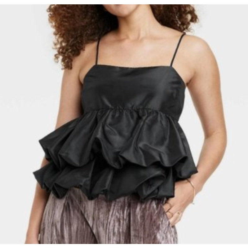 A New Day Satin Tiered Taffeta Bubble Hem Tank Top Black Small