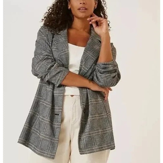 Avec Les Filles Anthropologie Oversized Longline Plaid Blazer Jacket Gray Small