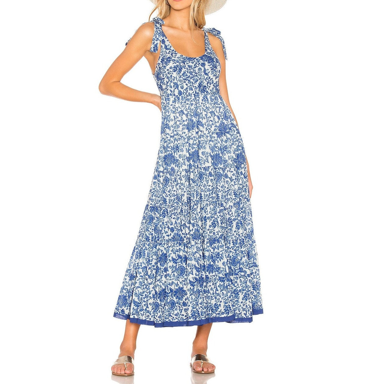 Free People Kikas Tie Shoulder V Neck Flowy Cotton Maxi Dress Blue Small