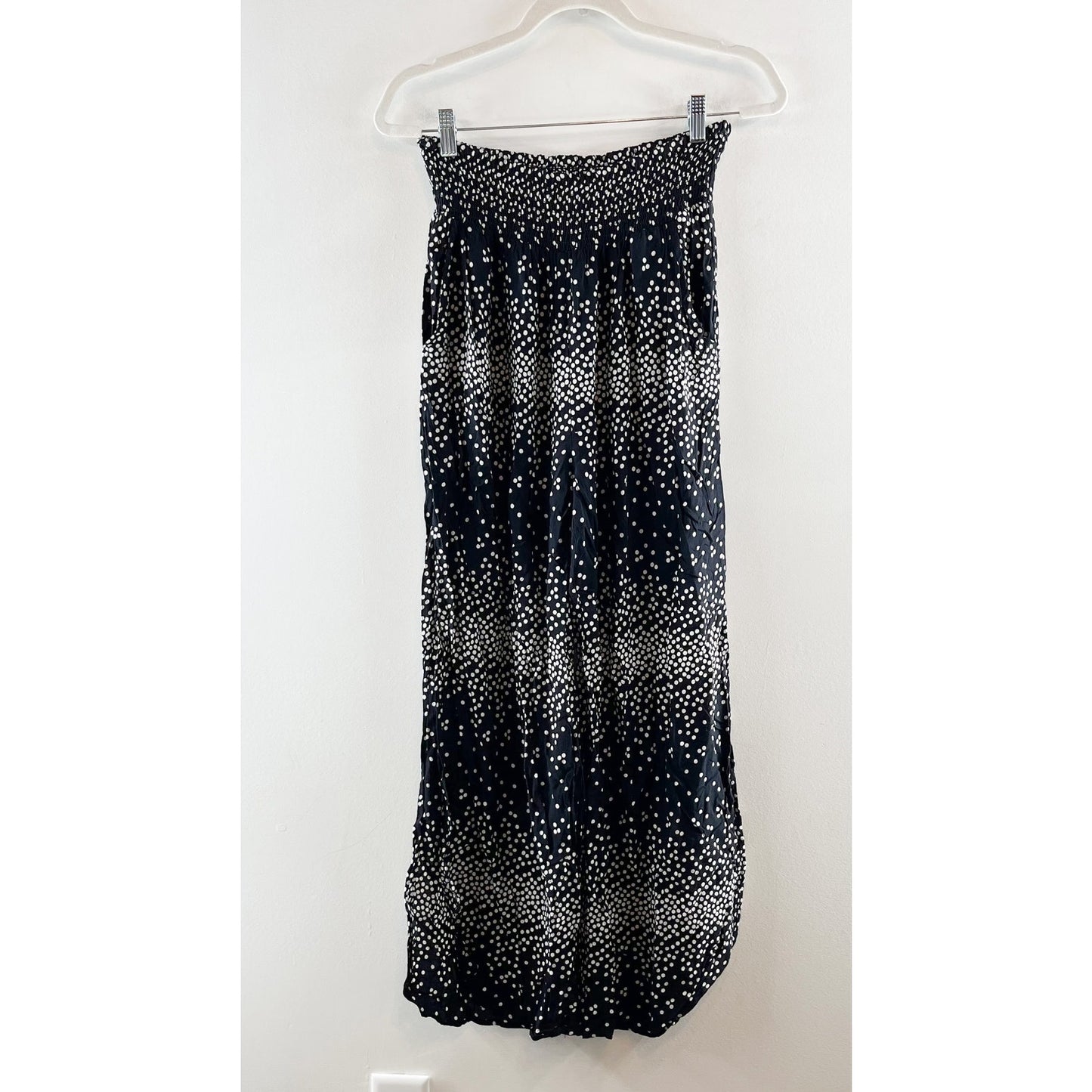 Blue Island Dotted Strapless Smocked Wide Leg Beach Pants Black White Large