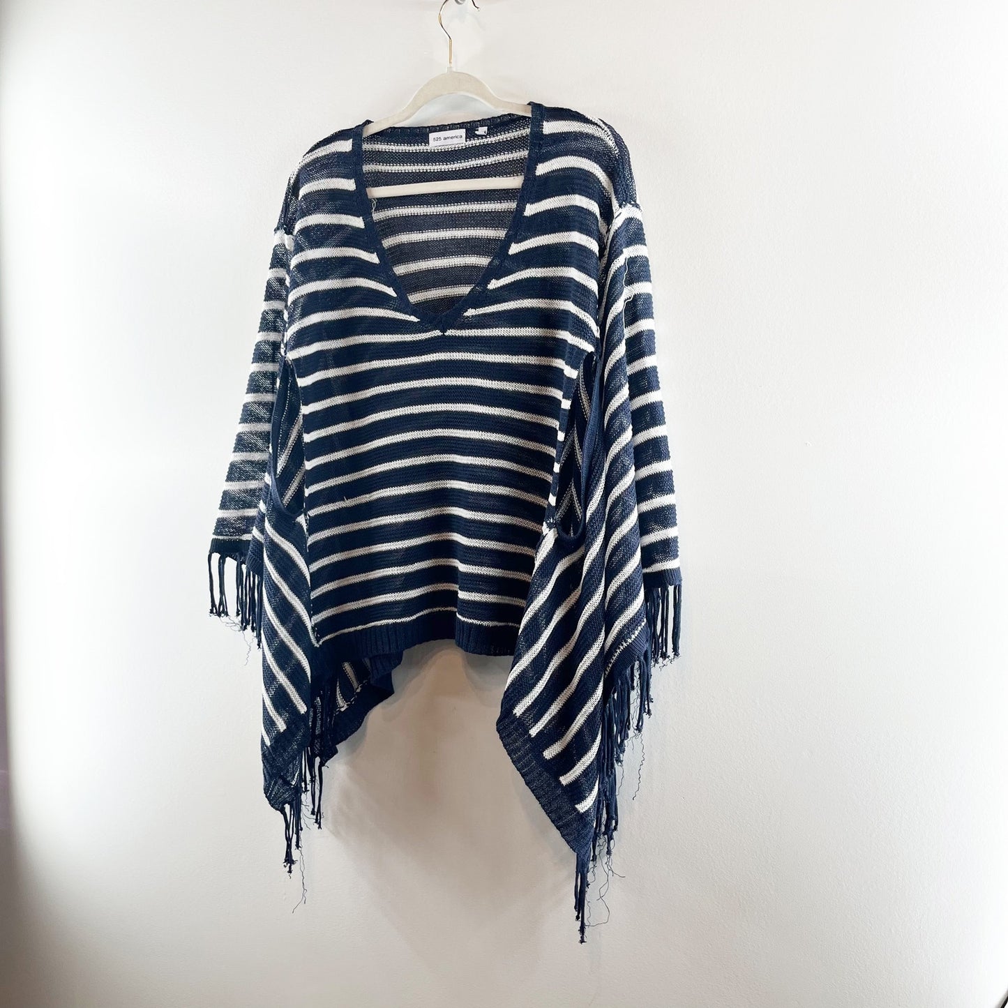 525 America Linen Striped Fringe Trim Poncho Sweater Navy Blue White XS / S