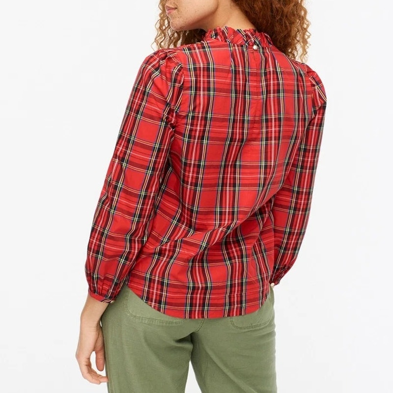 J. Crew Tartan Plaid Long Sleeve Ruffle Neck Blouse Top Red Plus 2X