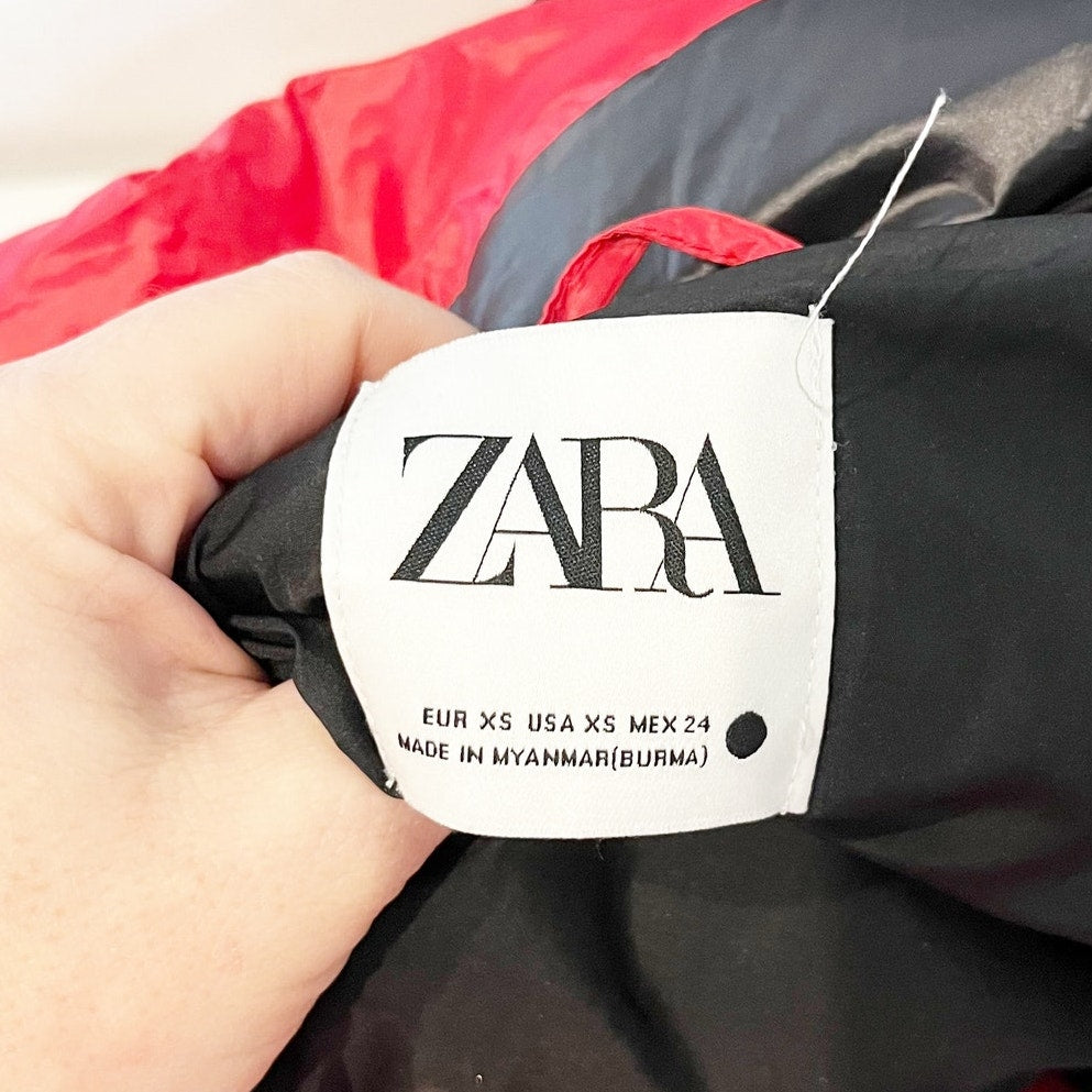 ZARA Thermal Insulated Puffer Coat Jacket Red Black XS