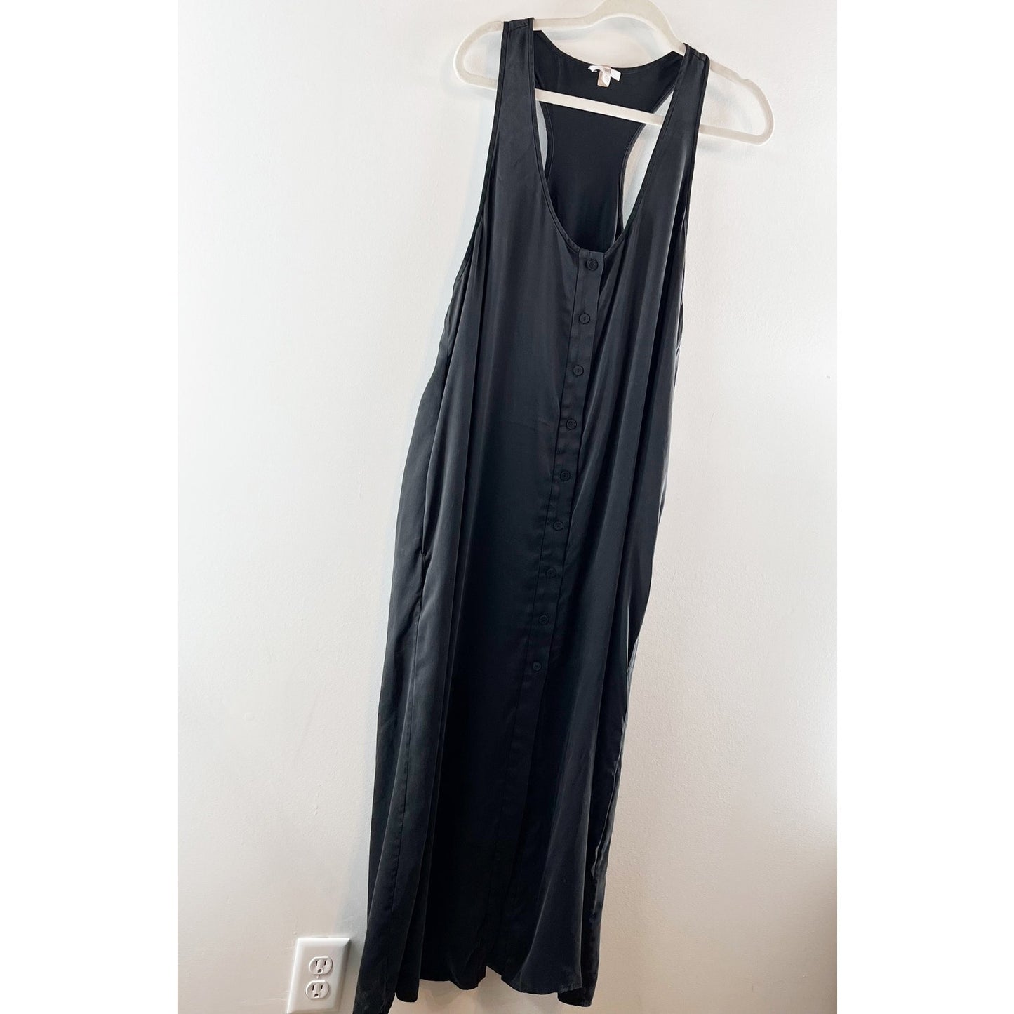 Lunya Washable Silk Sleeveless Scoop Neck Button Front Midi Tank Dress Black XL