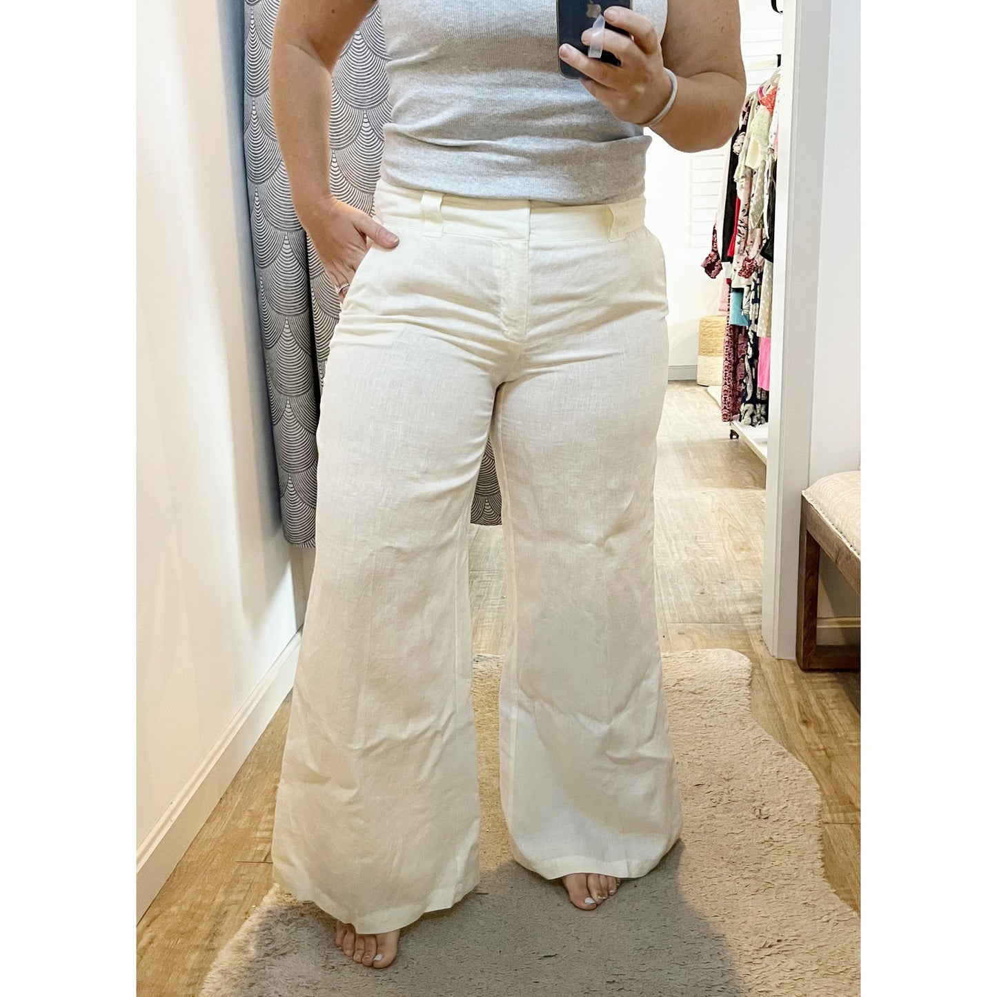 London Jean The Marisa 100% Linen Mid Rise Wide Leg Trouser Pants Cream Ivory 12