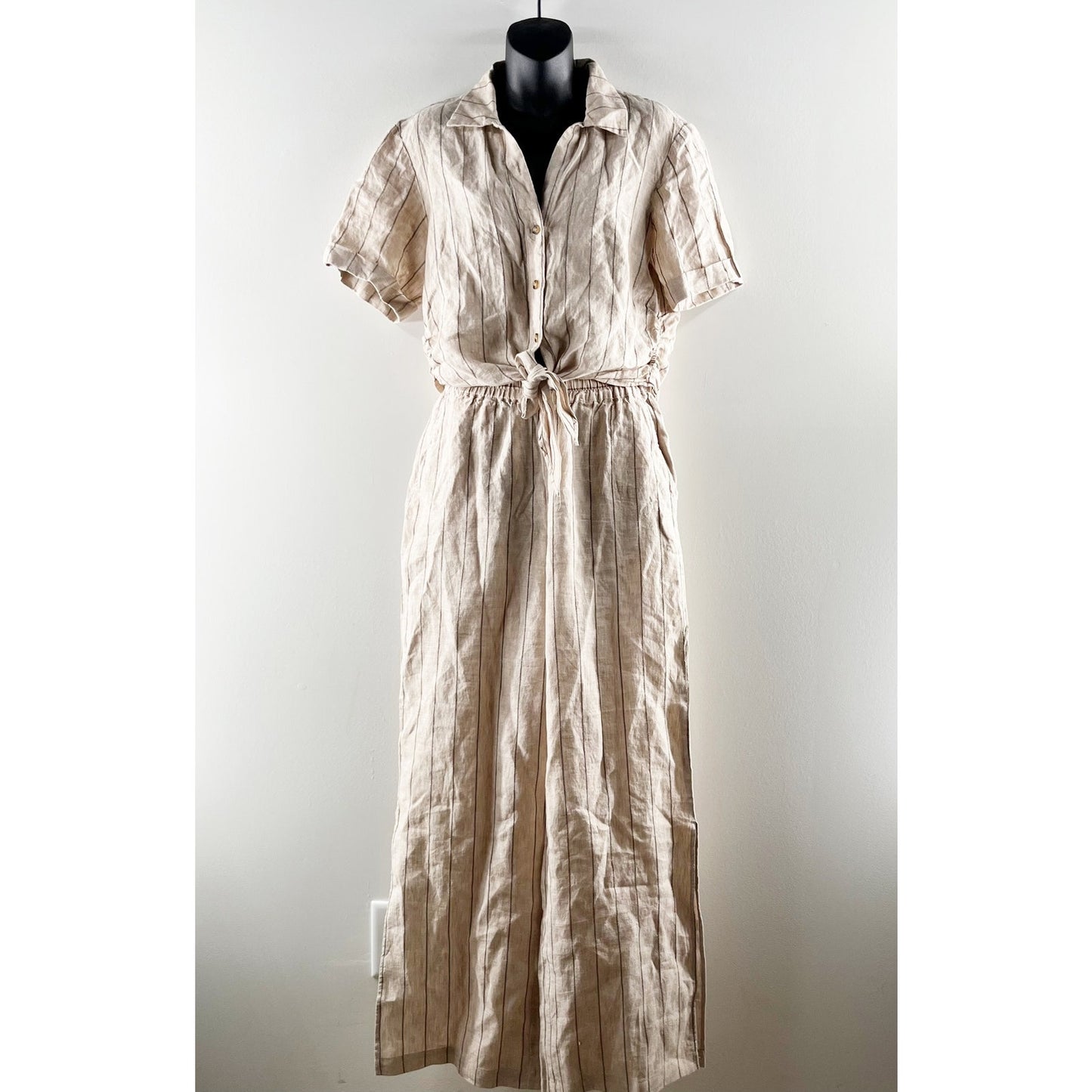 Sanctuary Short Sleeve Button Up Crop Top Wide Leg Linen Pants Set Tan Beige XS