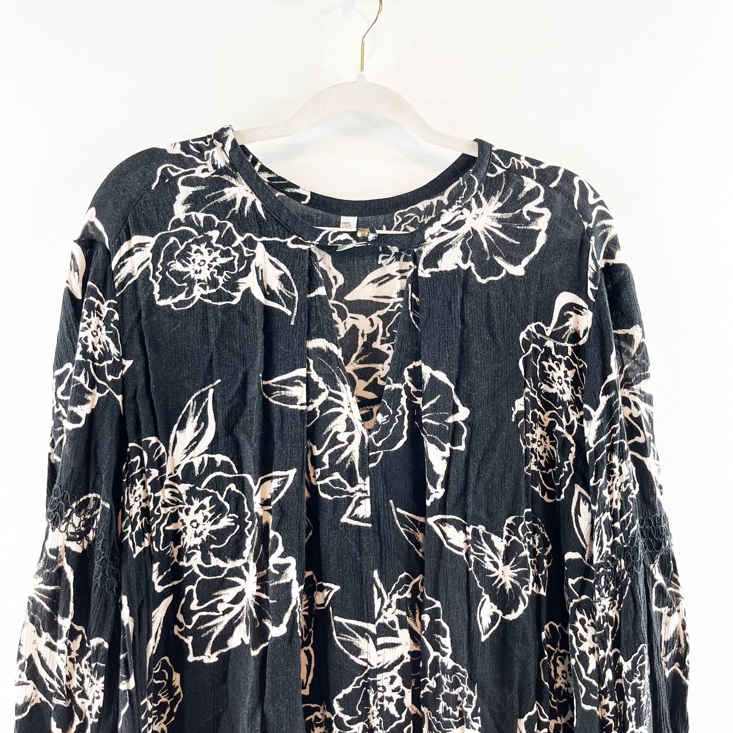 Free People Snap Out of It Floral 3/4 Sleeve Swing Tunic Mini Dress Black Large