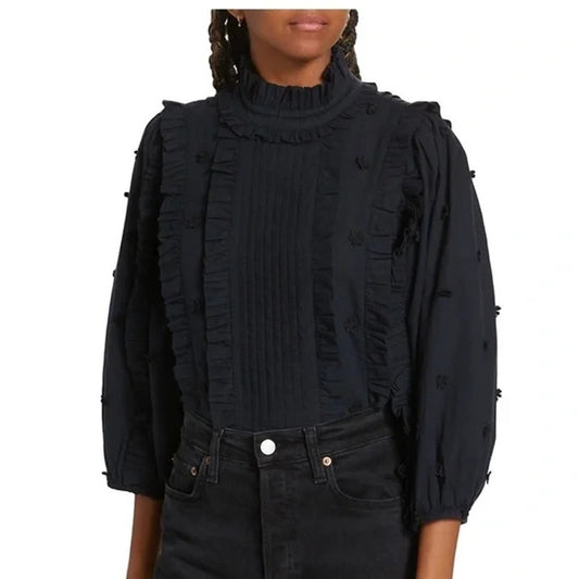 FARM Rio 3D Flower Long Sleeve High Neck Ruffle Blouse Black Large