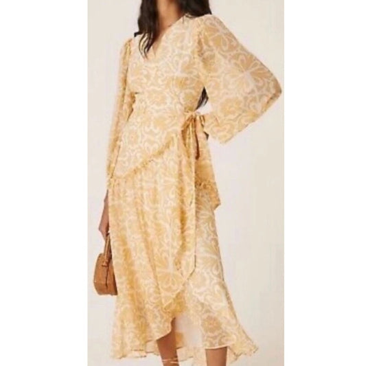 Hutch Anthropologie Geo Long Sleeve Wrap Midi Dress Yellow XXS