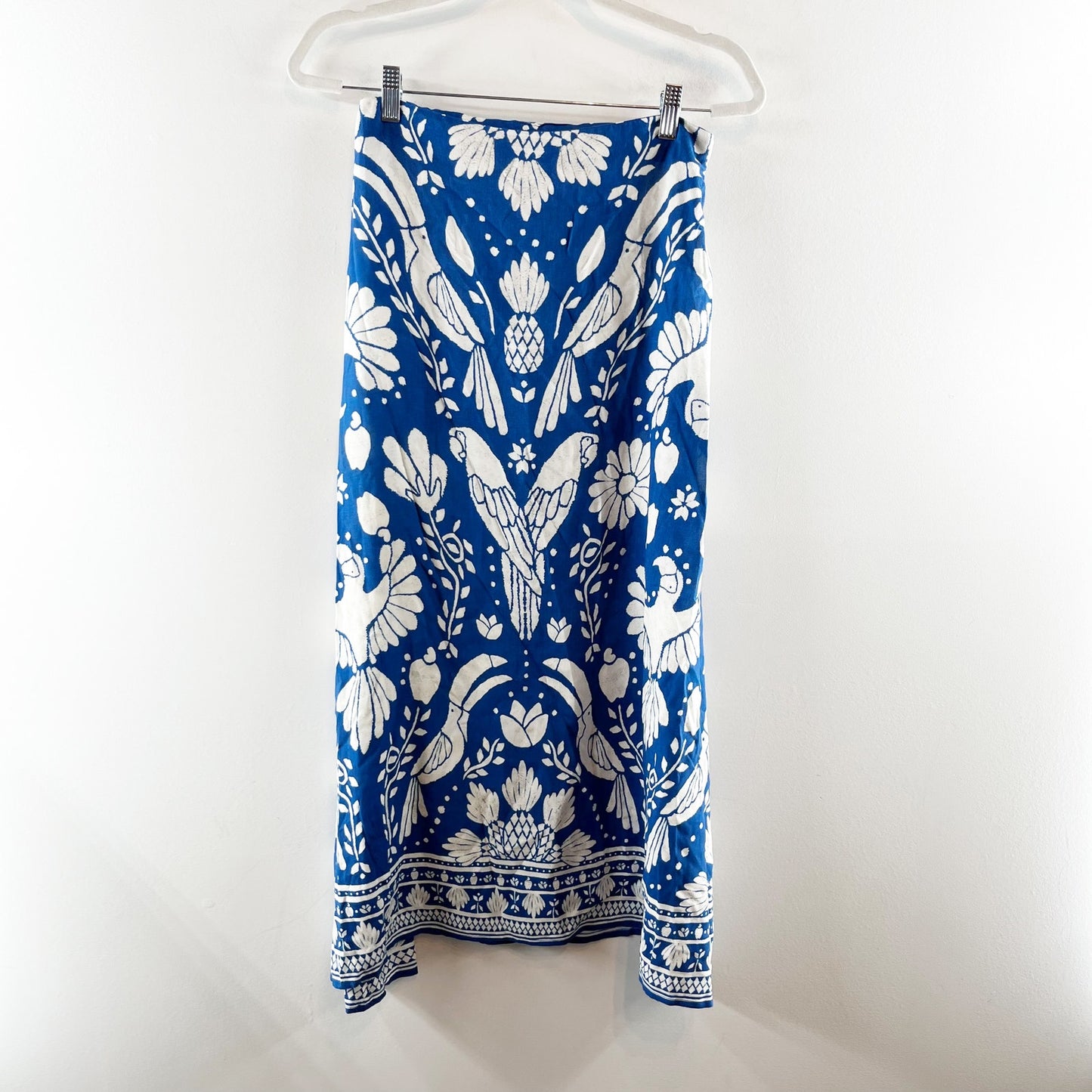 Farm Rio by Anthropologie Side Zip Mid-Rise Satin Slip Midi Skirt Blue White XS