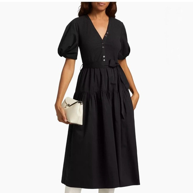 Derek Lam 10 Crosby Natalia Short Puff Sleeve Poplin Midi Dress Black Small