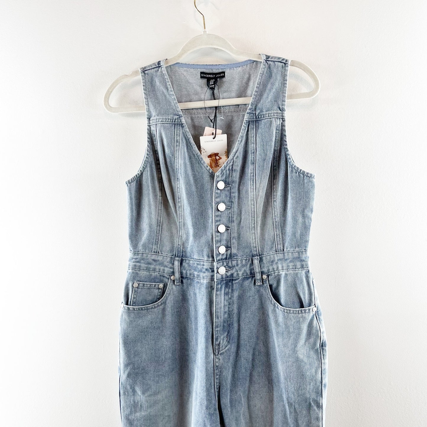 Sincerely Jules Sleeveless Button Up Wide Leg Denim Jumpsuit Blue Medium