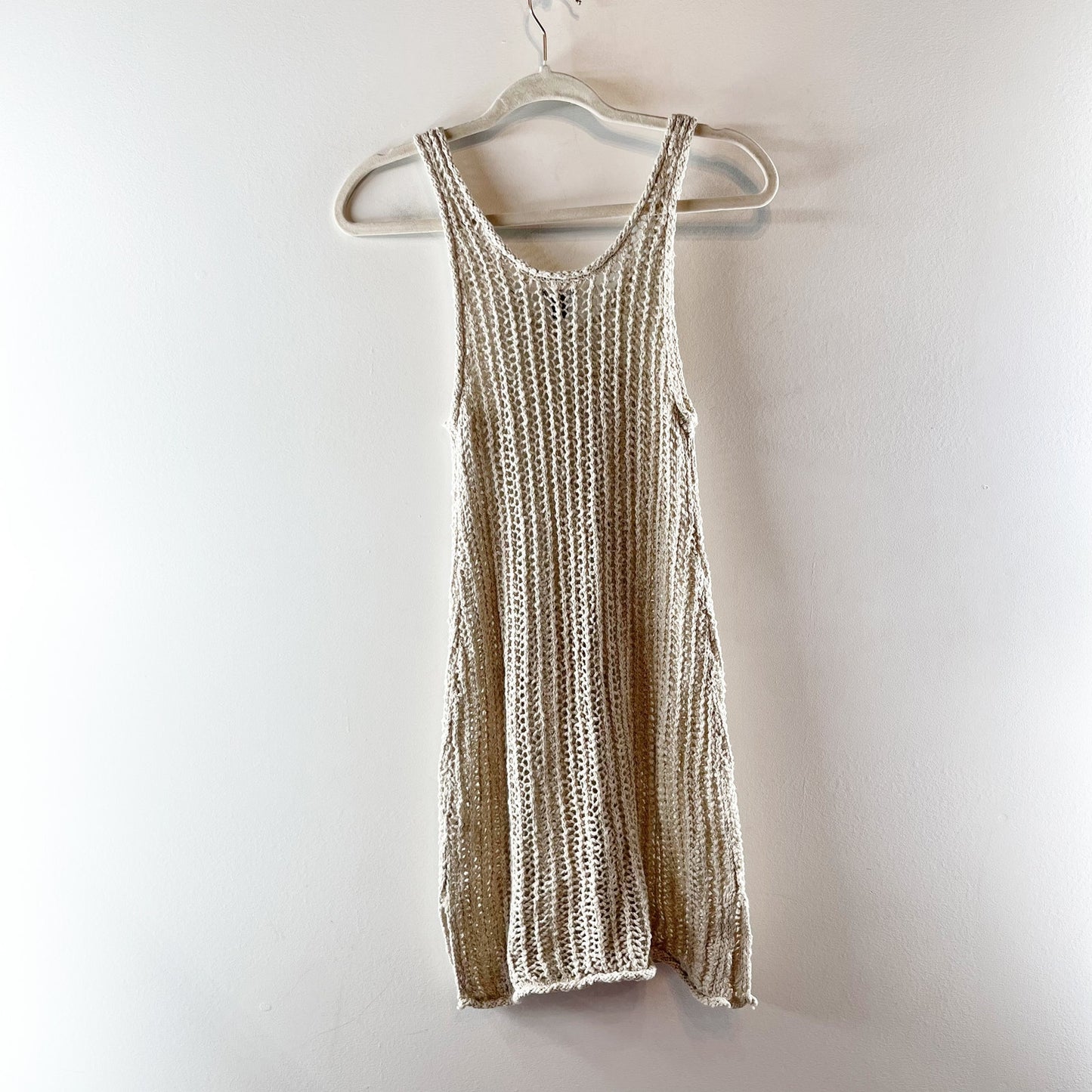 Aerie Crochet Knit Sleeveless Cover Up Mini Dress Tan Beige XS