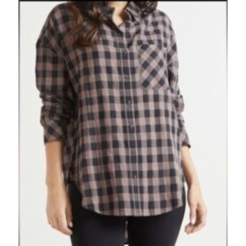 Sanctuary Plaid Buffalo Check Cotton Button Up Top Brown Black XS