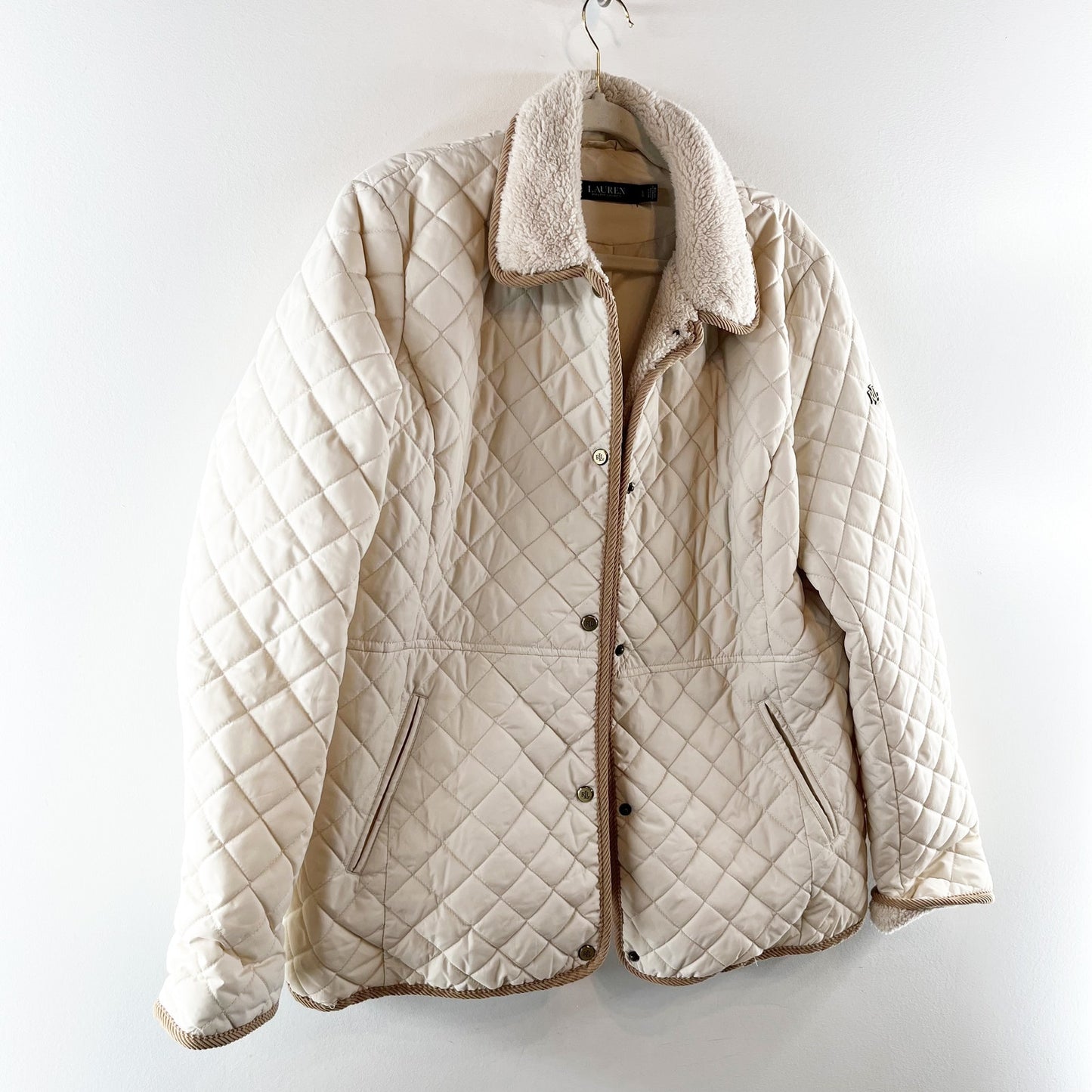 Ralph Lauren Quilted Snap Button Up Sherpa Collar Jacket Cream Large