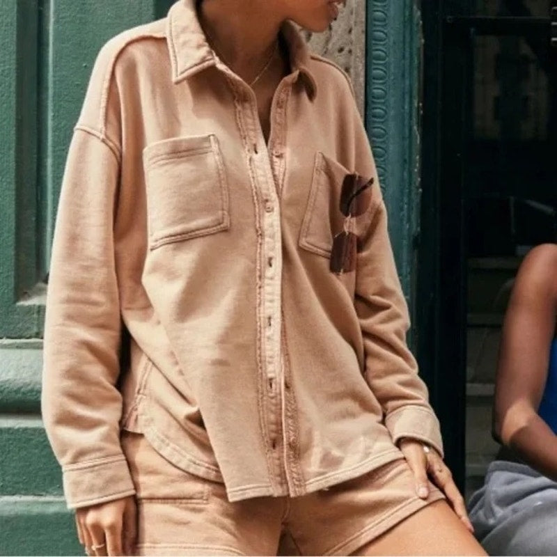 Aerie Lumberjane Button Up Cotton Long Sleeve Shacket Shirt Tan Brown Small