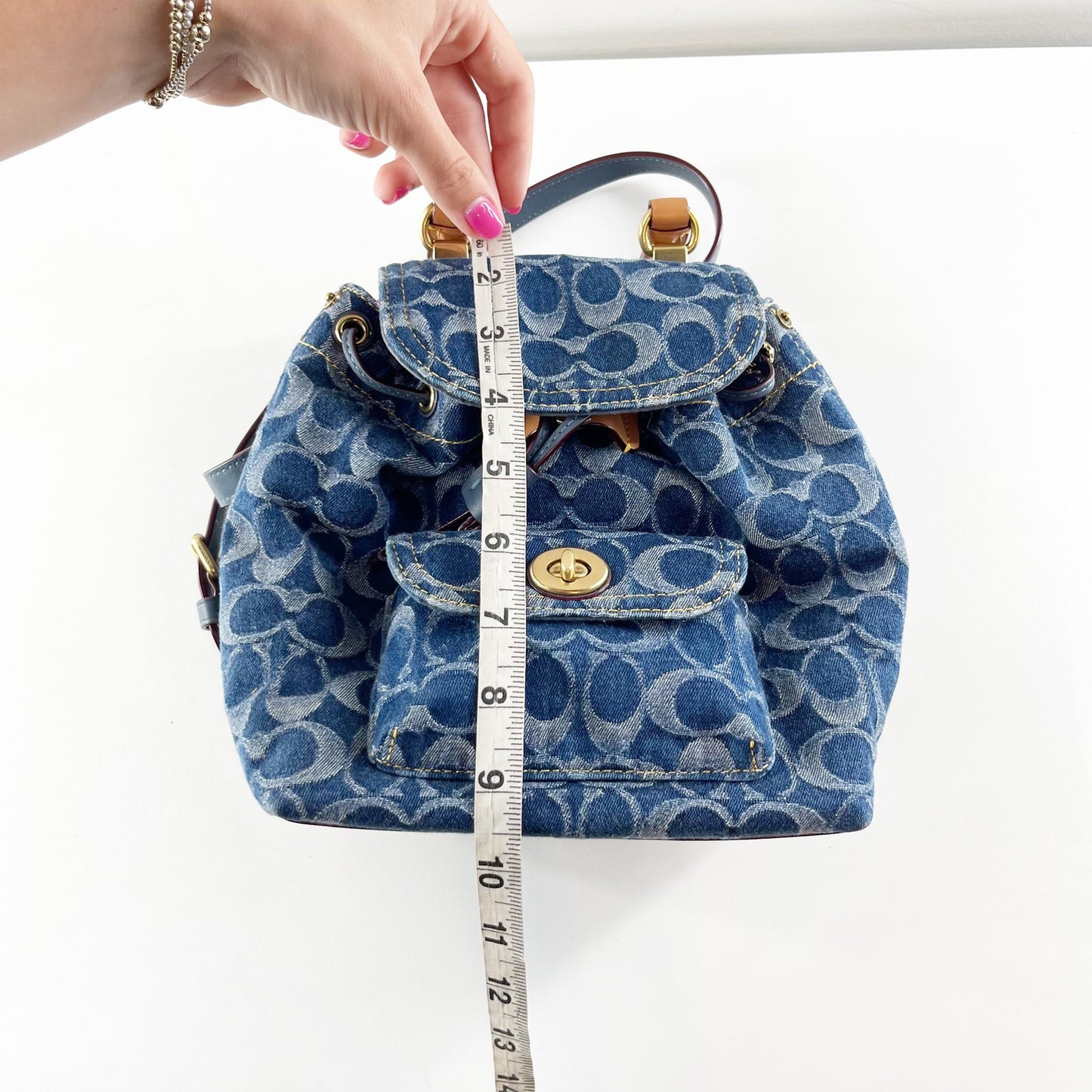 Coach Riya Signature Denim Backpack 21 Blue with Leather Top Handle