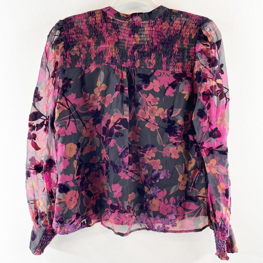 Evereve Long Sleeve Floral Velvet Embroidered Blouse Top Purple Black XS