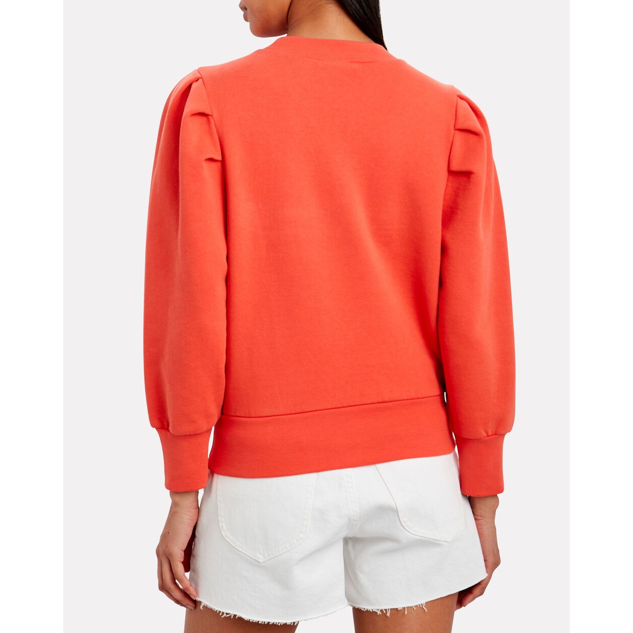 Frame Cotton Blend Shirred Puff Sleeve Crew Neck Pullover Sweatshirt Orange M