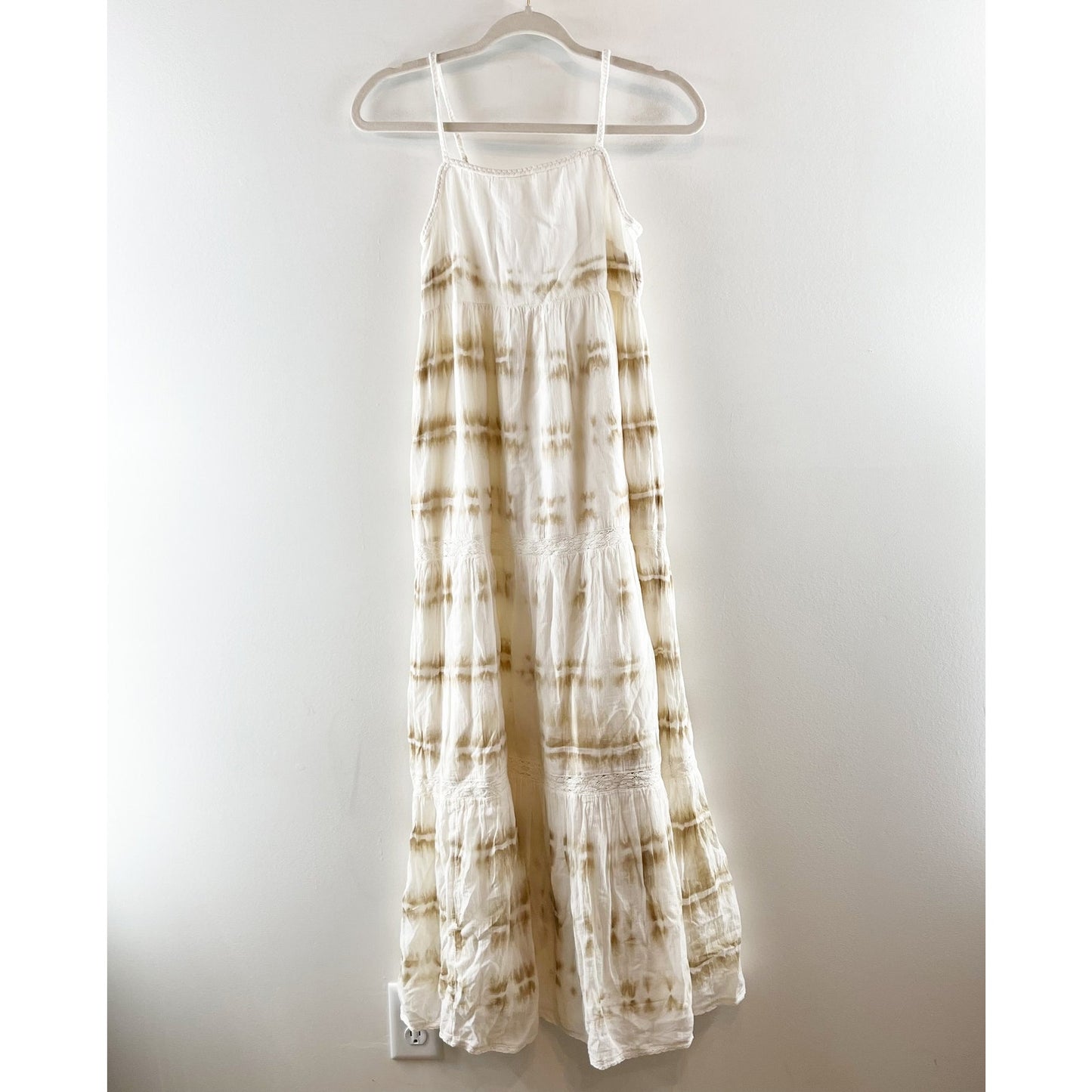 Aerie Cotton Tie Dye Tiered Maxi Sundress Dress Cream Tan XS NWT