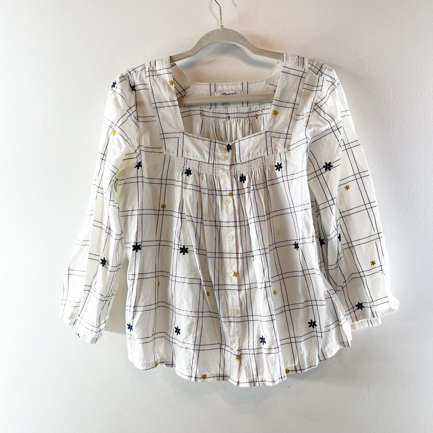 Madewell Embroidered Windowpane Square-Neck Button-Down Top Shirt White Wash M