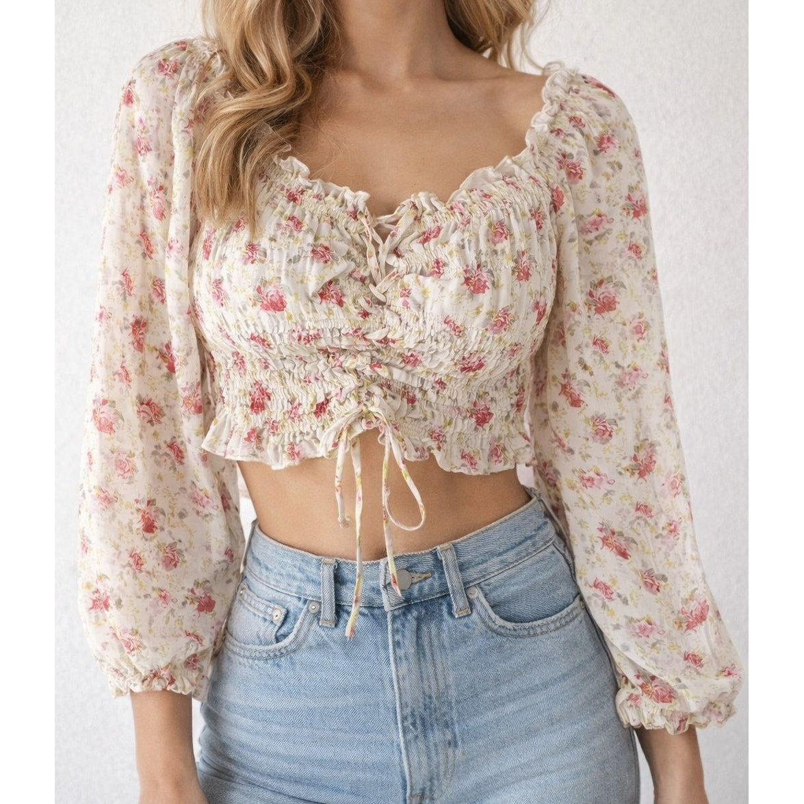 Cotton Candy LA Long Balloon Sleeve Cropped Ruched Smocked Floral Blouse Cream S